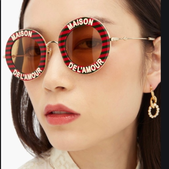UNISEX GUCCI MAISON DEL’ AMOUR ROUND BLACK AND RED STRIPES SUNGLASSES - Picture 9 of 16
